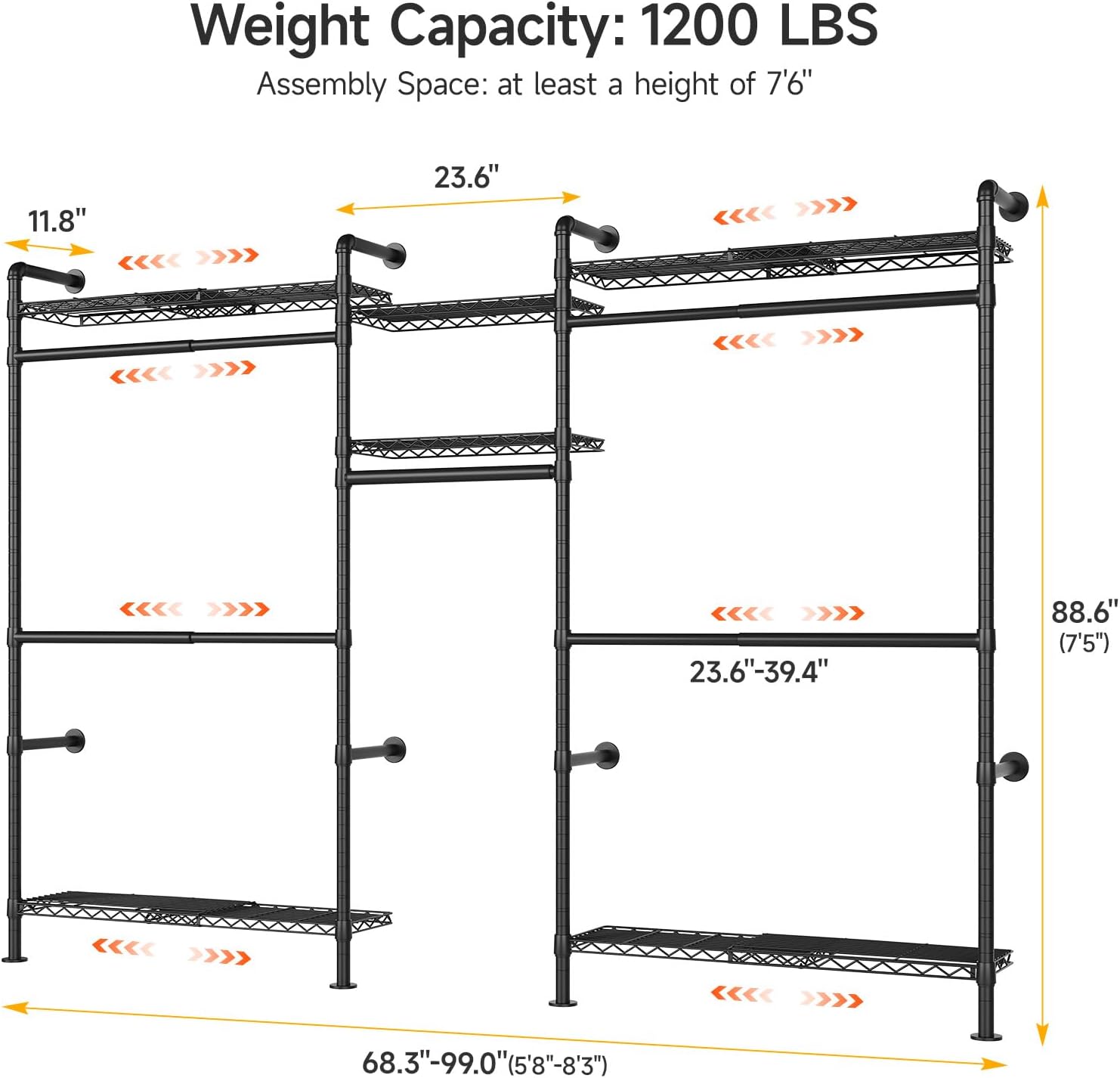ONBRILL H3 Plus Expandable Wall Mounted Closet System, 5.7FT-8.2FT Closet Organizer with 4 Telescopic Shelves & 5 Adjustable Rods, Industrial Pipe Clothing Rack for Walk-in & Reach-in Closet (Black)