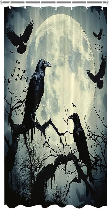 Halloween Raven Shower Curtain Goth Crow on Branch Tree Full Moon Misty Forest Horror Bat Gothic Watercolor Scary Animal Fabric Bathroom Decor Curtains with Hooks,70 x 90