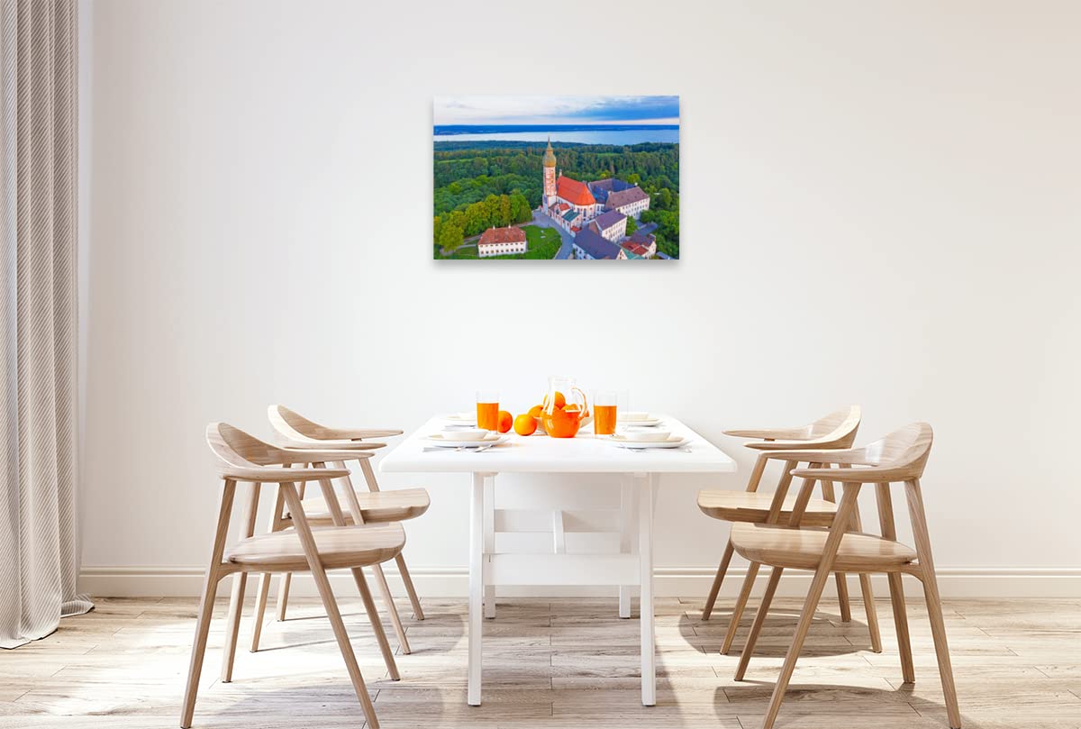 Premium Textil-Leinwand 90 x 60 cm Quer-Format Kloster Andechs, Luftaufnahme, Ammersee | Wandbild, HD-Bild auf Keilrahmen, Fertigbild auf hochwertigem Vlies, Leinwanddruck von Prime Selection