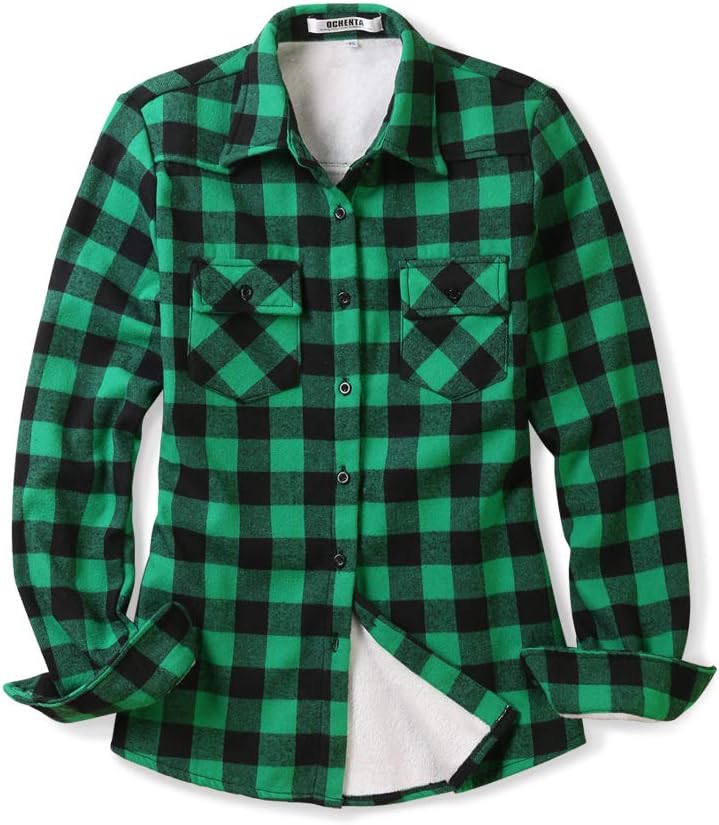 OCHENTA Women's Flannel Shirts Plaid Shacket Long Sleeve Fleece Lined Shirt Jacket - Image 4