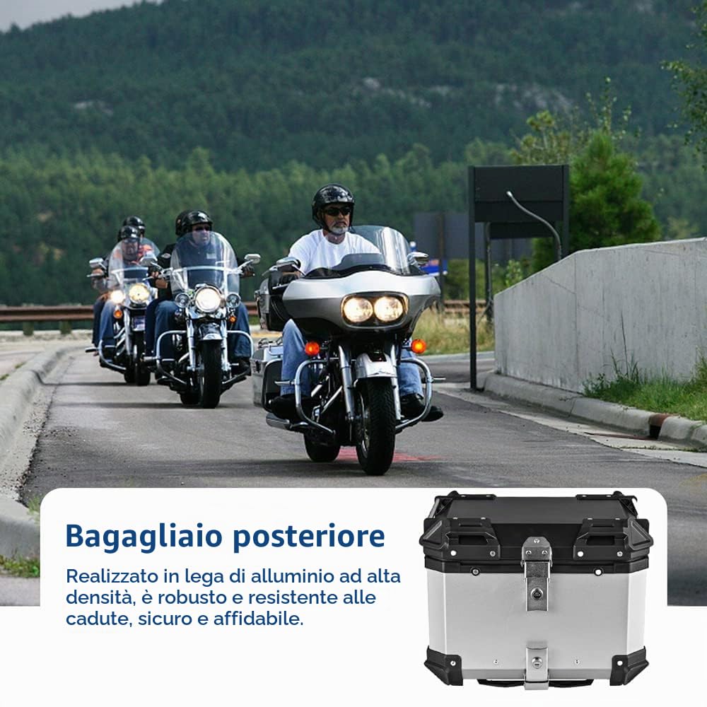 Bauletto in Lega di Alluminio da 65 Litri per Moto - Vano Portaoggetti Posteriore a Sgancio Rapido, Impermeabile e Ammortizzante - Con 2 Chiavi e Adesivo Riflettente