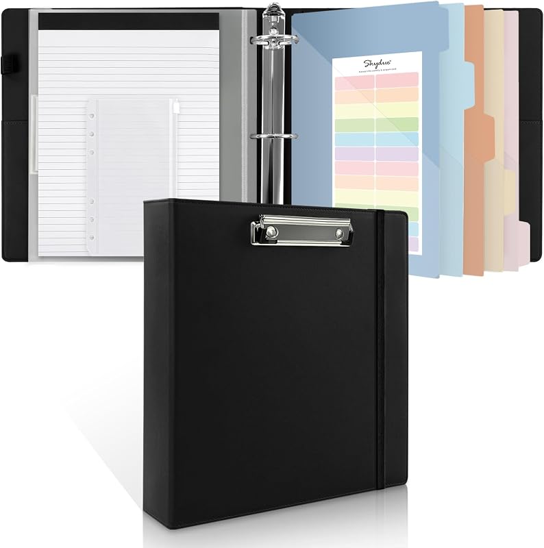 SKYDUE Carpeta de 3 anillas con portapapeles, carpeta de PU resistente de 2 pulgadas con bloc de notas y 5 divisores con 5 bolsillos, etiquetas, carpeta con portapapeles ideal para la oficina escolar (se adapta a papel tamaño carta)