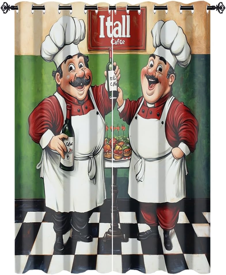 Cartoon Kitchen Chef Curtains for Living Room Bedroom Abstract Vintage Italian Medieval Kitchen Fat Chef Thermal Insulation Curtains Window Grommet 63" L x 21" W x 2 Panels Blackout