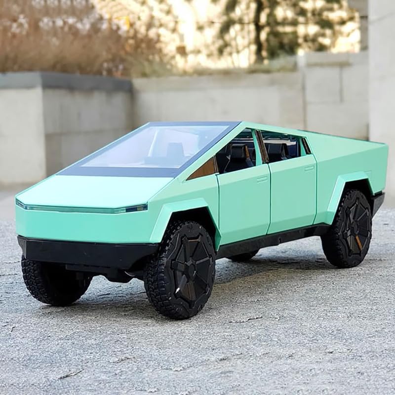 Image of Kids Model 1:24 Cyber Truck Die Cast Metal Car Pull Back Action Opening Doors with Realistic Engine Sound Lights Toy Car Gift for Boys - Green