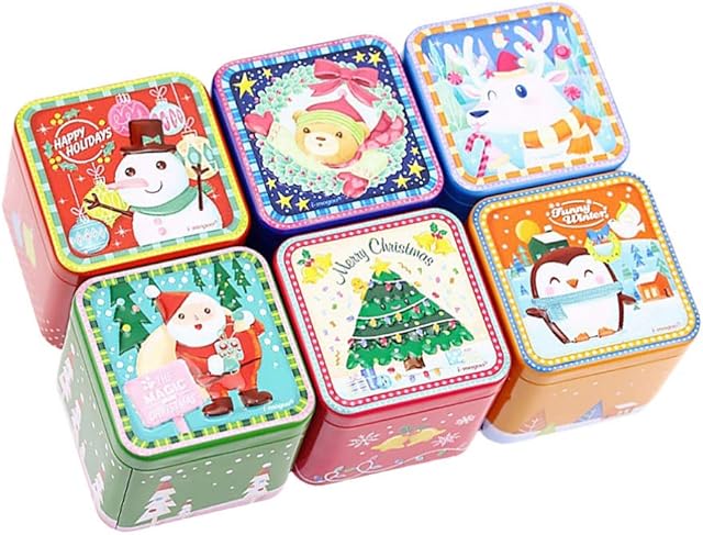 BESPORTBLE 6pcs Christmas Candy Boxes Tinplate Iron Cakes Cookie Boxes Square Gift Jar Tins For Christmas Party Supplies