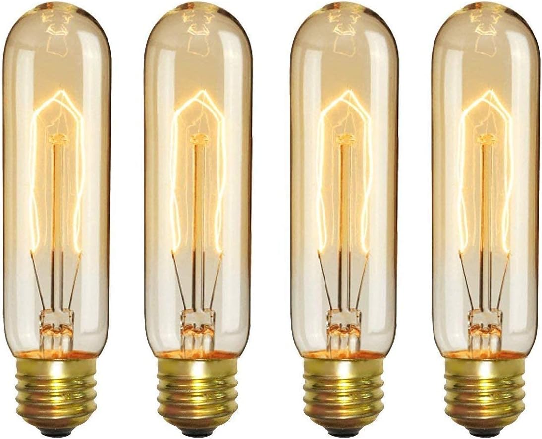 CTKcom E26 40 Watt T10 Tubular Vintage Edison Incandescent Light Bulb, Dimmable Decorative Candelabra 120 Volt Chandelier, Nightlight, Antique Vintage Style Light Bulb, 240 Lumen, Amber Warm 4 Pack