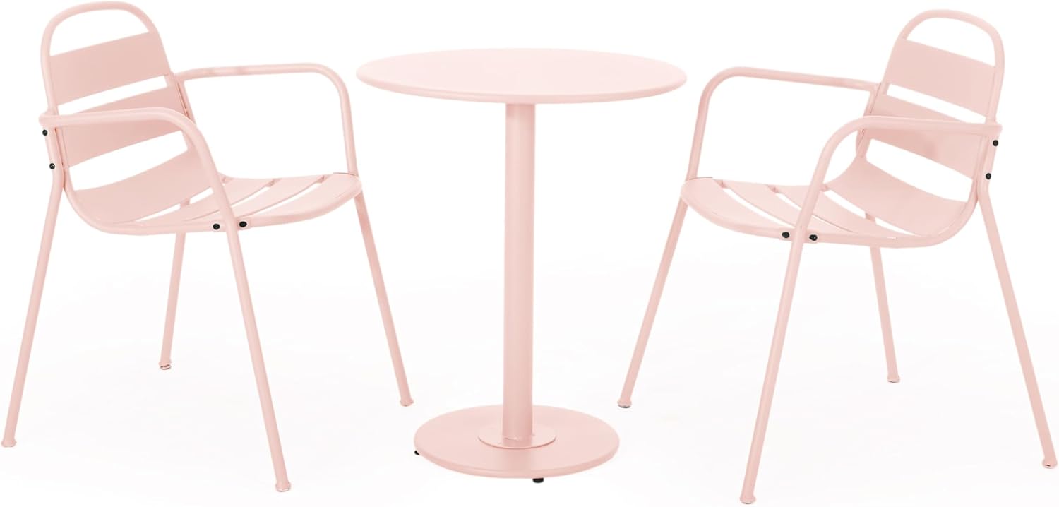 GDFStudio Thrra Nova 3-Piece Outdoor Bistro Set Modern Iron Patio Furniture with 2 Slatted Chairs & Round Table Weather-Resistant for Balcony Garden Backyard Poolside, Light Pink