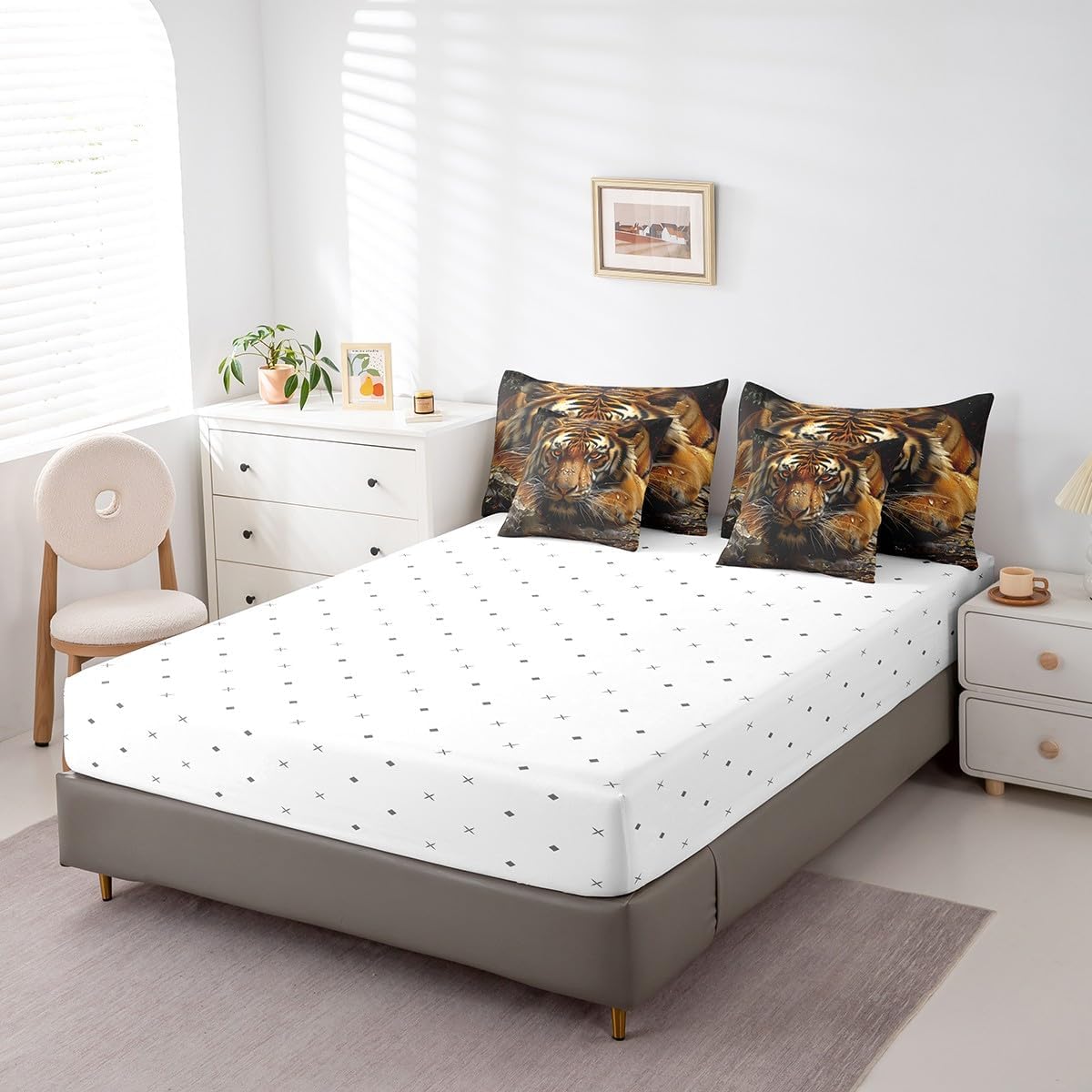 7 Pieces Twin Size Wild Tiger Comforter Set,Jungle Animal Rustic Bedding Set for Boys Men,Wildlife Hunting Adventure Brown Retro (Comforter+Fitted+Flat Sheet+2 Pillowcases+2 Throw Pillow Covers)