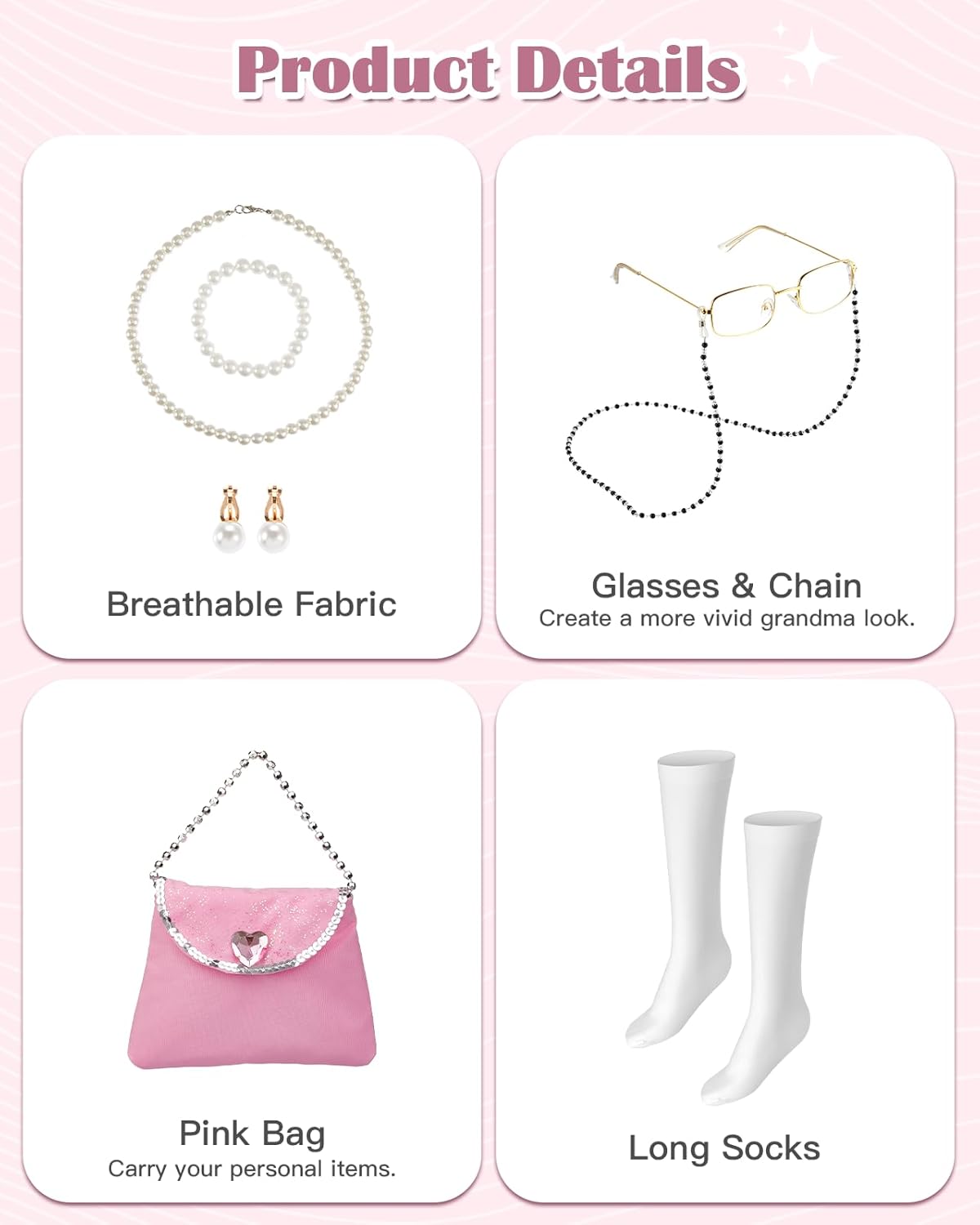 Old Lady Costume for Kids: 100 Days of School Costume for Girls 100th Day of School Granny Dress up Accessories with Wig, Glasses Wrinkle Tattoo Stickers, Cane, Jewelries, Grandma Cosplay Kit - Image 6