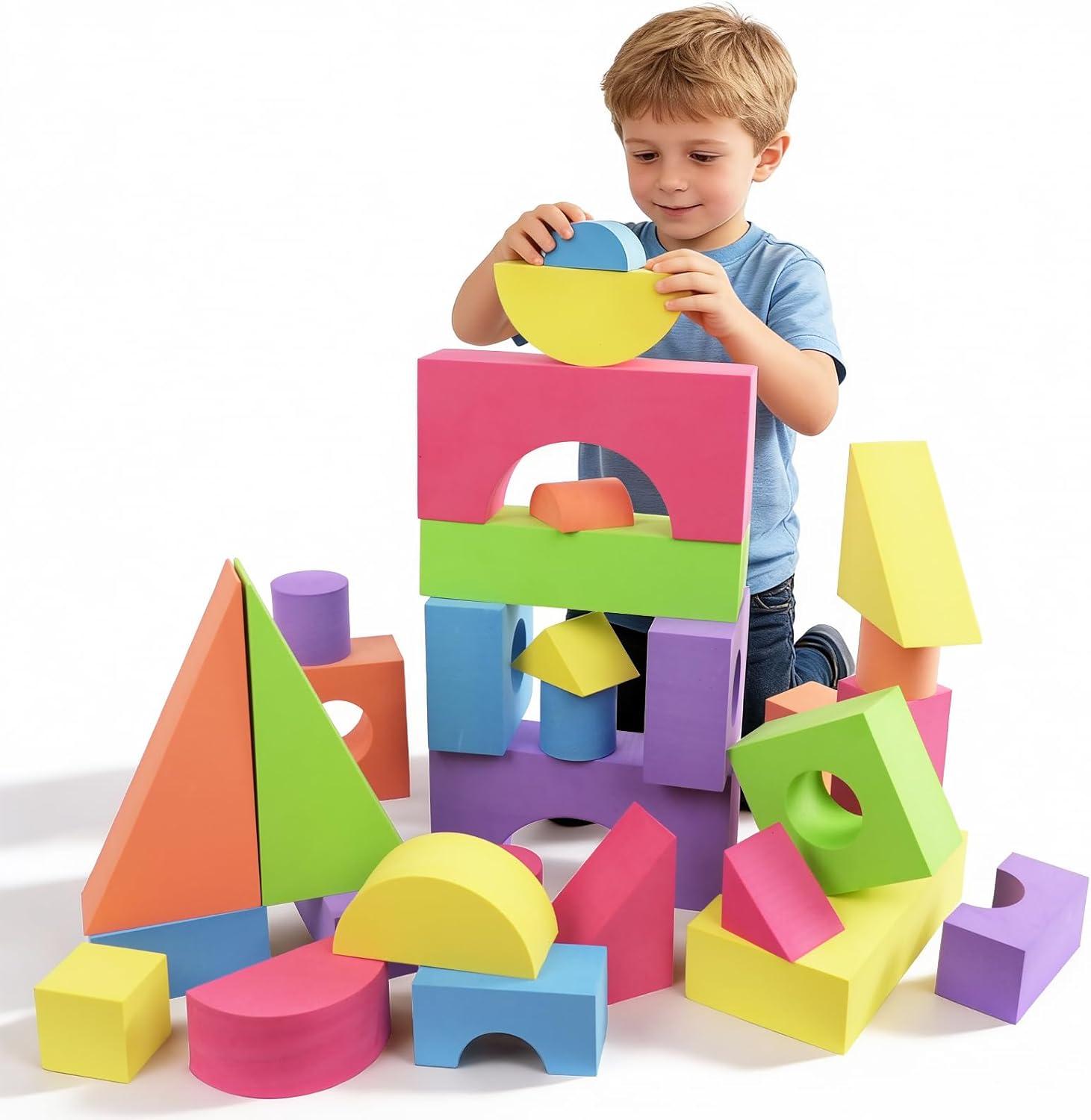 Large Building Foam Blocks for Toddlers, EVA Stacking Foam Building Blocks Toy Set, Non-Toxic, Washable, Early Learning Construction Toys & Gifts for Kids Boys & Girls (Blue, Pieces, 60)
