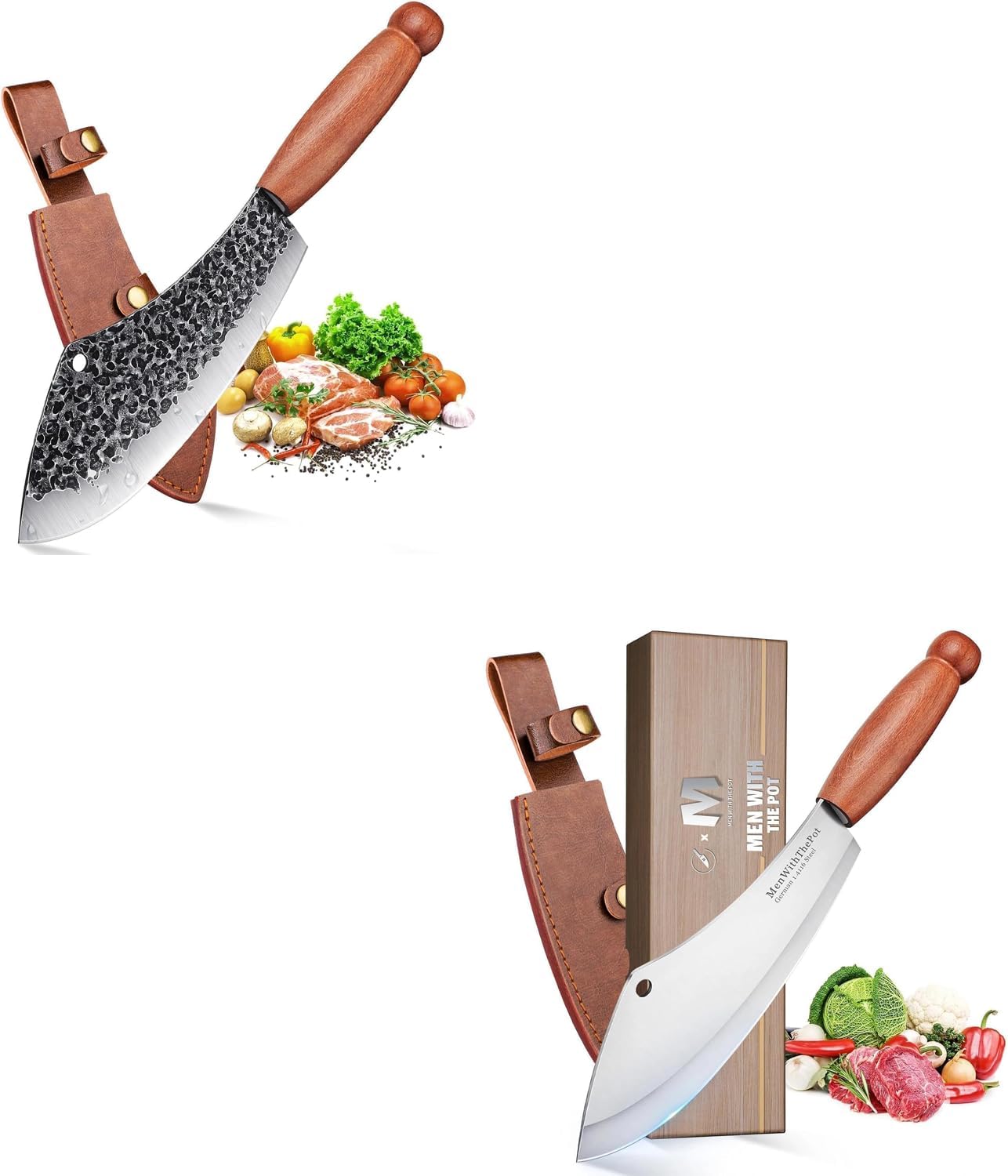 MEN WITH THE POT Ultimate Butcher Knife Bundle - 2-Piece High Carbon Steel & Stainless Steel Cleaver Set with Sheaths & Gift Box for Kitchen, Camping, BBQ