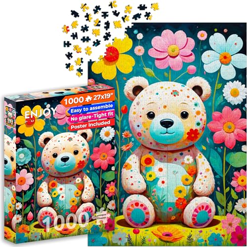 ENJOY Puzzle Illustration d'ours en peluche dans un jardin fleuri - Puzzle de 1000 pièces pour adultes - Finition mate, doux au toucher, facile à assembler, ajustement serré, couleurs vives, service