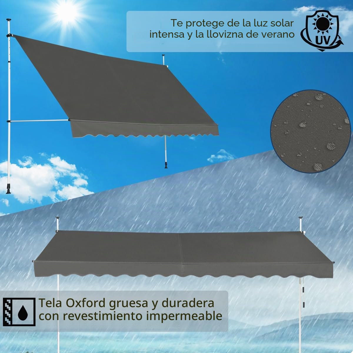 HOMASIS Toldo de Pinza protección Solar Regulable en Altura, sin taladrar, toldo de balcón con manivela, protección UV, toldo de Brazo Invisible para balcón, terraza (Gris, 4m)