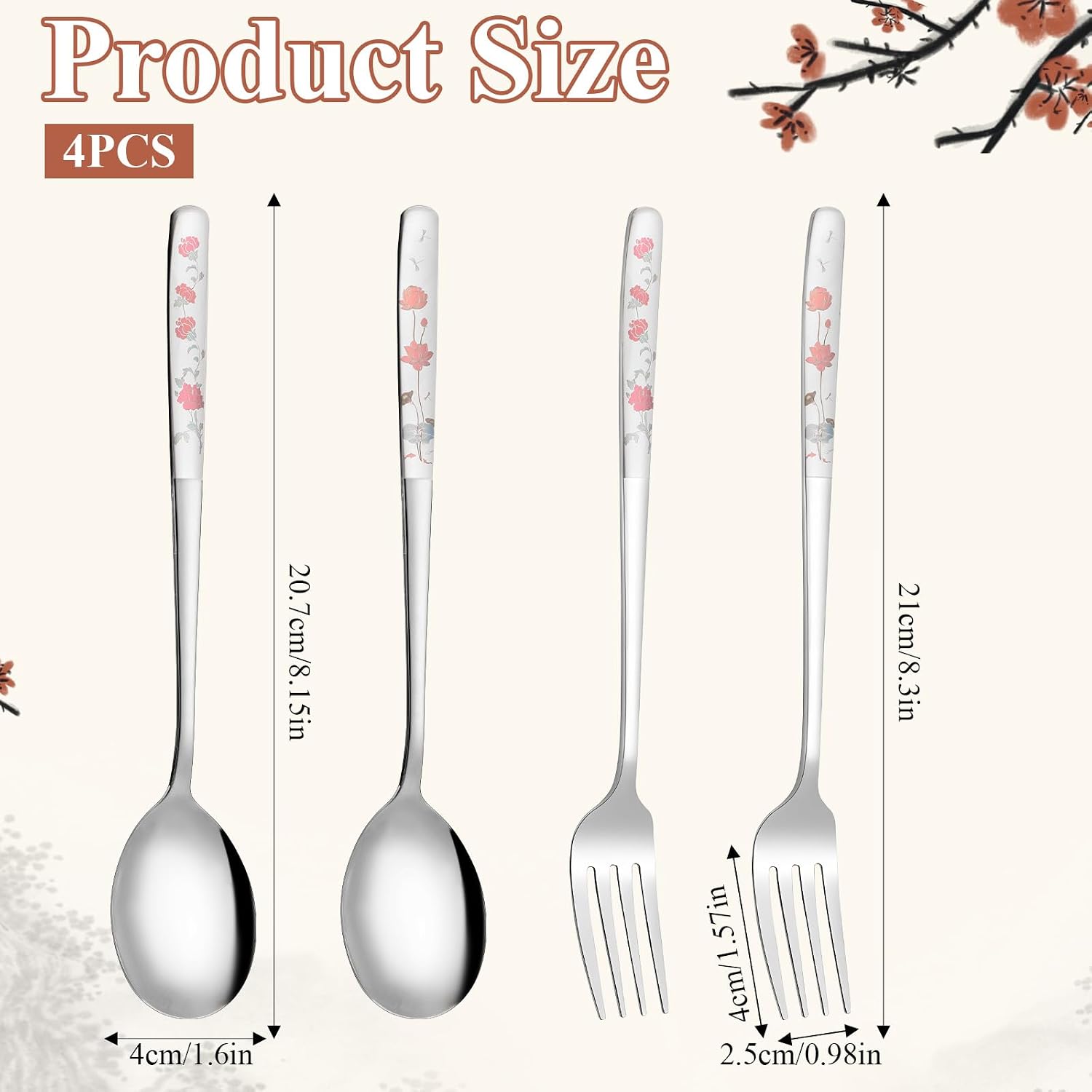 4PCS Korean Forks and Spoons Set, Korean Utensil Set with Long Handles Salad Forks and Soup Spoons Stainless Steel Silverware sets for Coffee, Desserts Dishwasher Safe