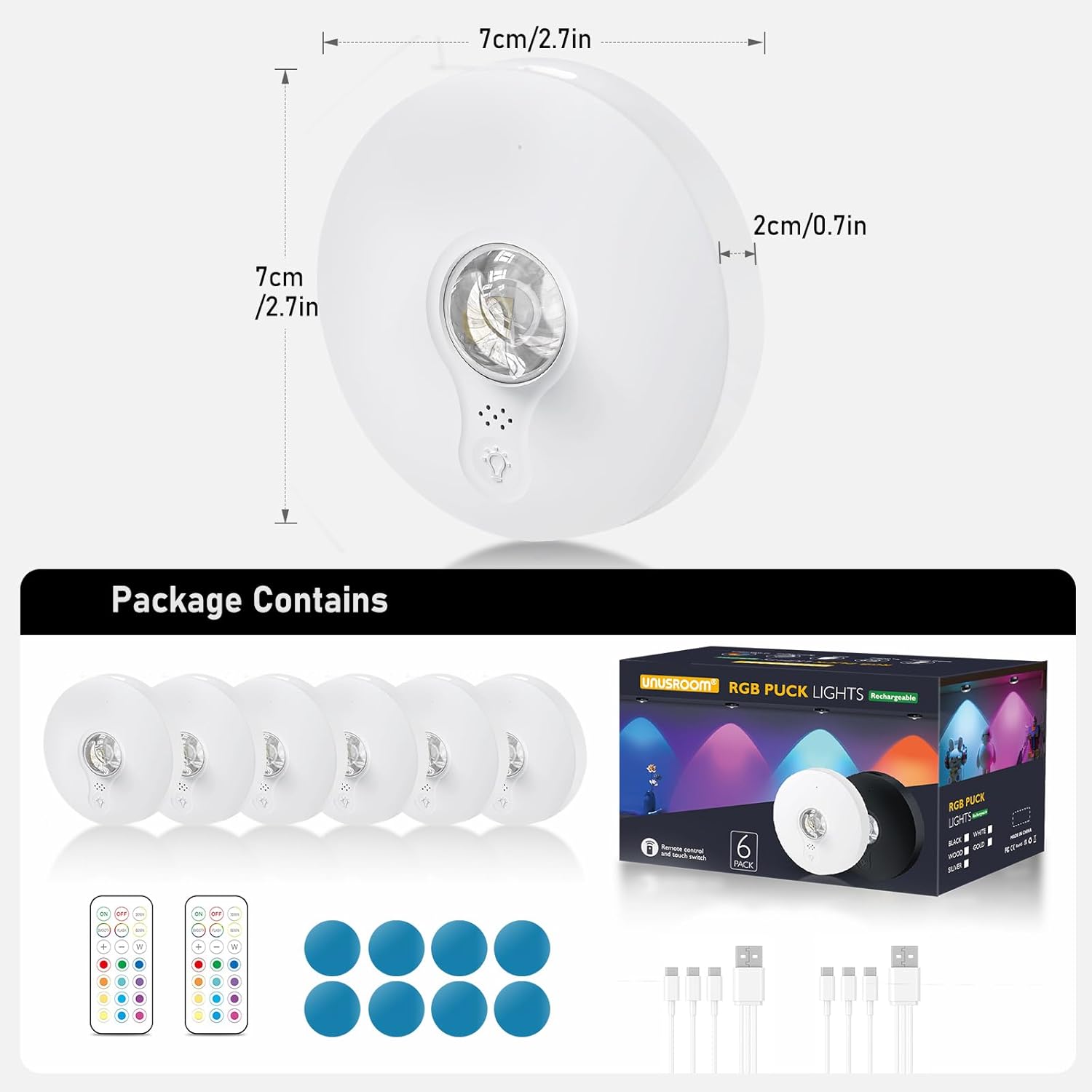 Rechargeable RGB Puck Lights with Remote Control, Wireless Under Cabinet Lighting,13 Color Changing Lights with Dimmer, Timer,2000mAh Battery Operated Tap Lights for Kitchen, Shelf,Home Decor