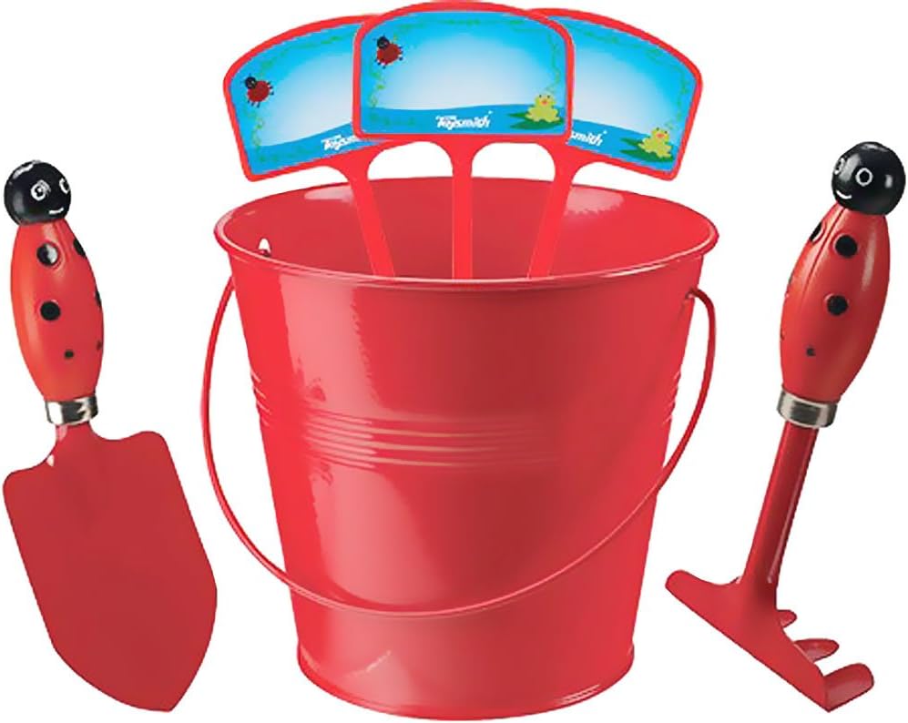 Toysmith Kids Gardening Set with Rake Trowel and Plant Markers (Red Ladybug)