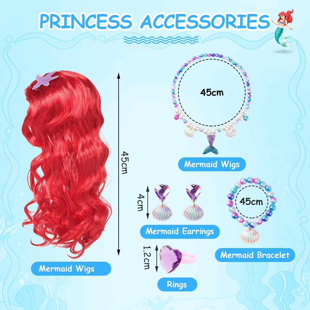 AOOWU Vestito Sirenetta Bambina, Costume da Sirenetta con Parrucca, Ariel Bambine Vestito Sirena con 5 pezzi Accessori, Costumi Cosplay Sirena per Halloween, Natale, Cosplay, Compleanno