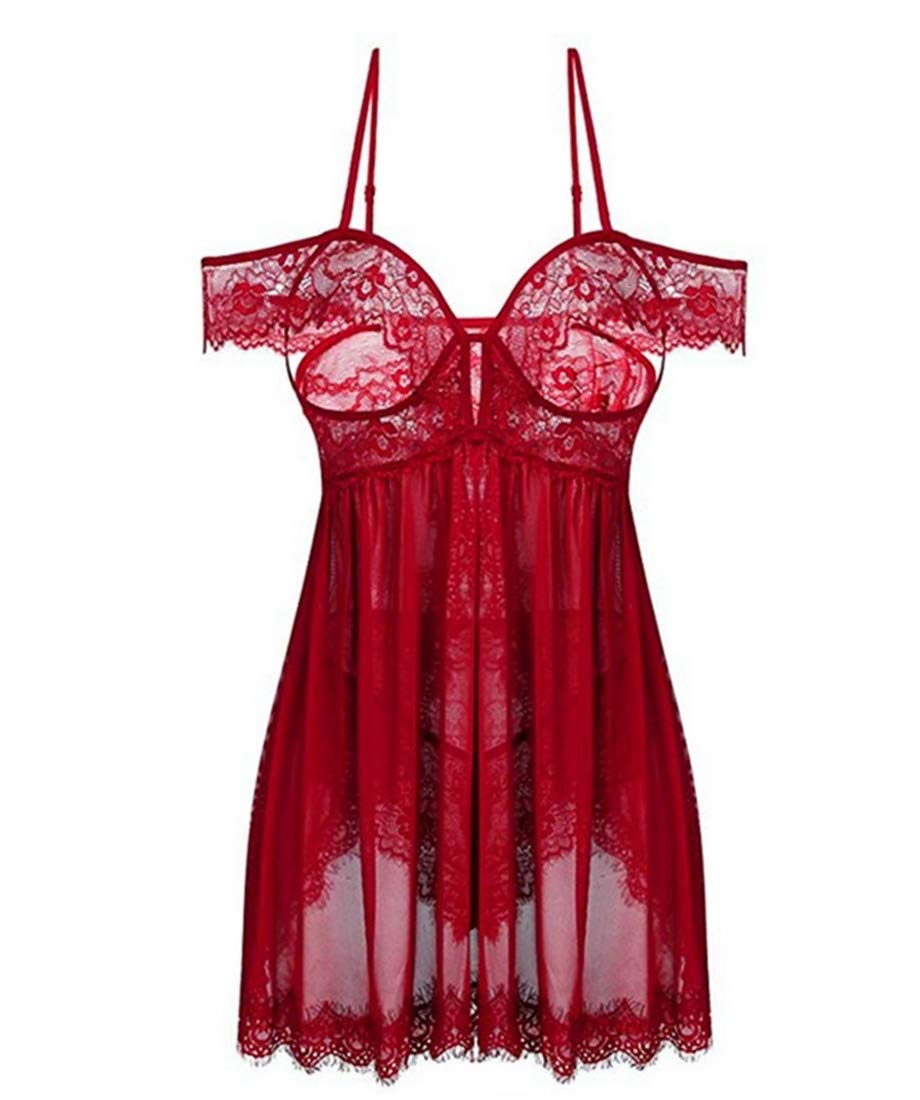 Womens Babydoll Lingerie Set Lace Sexy Off Shoulder One Piece Open Back Teddy Nightwear
