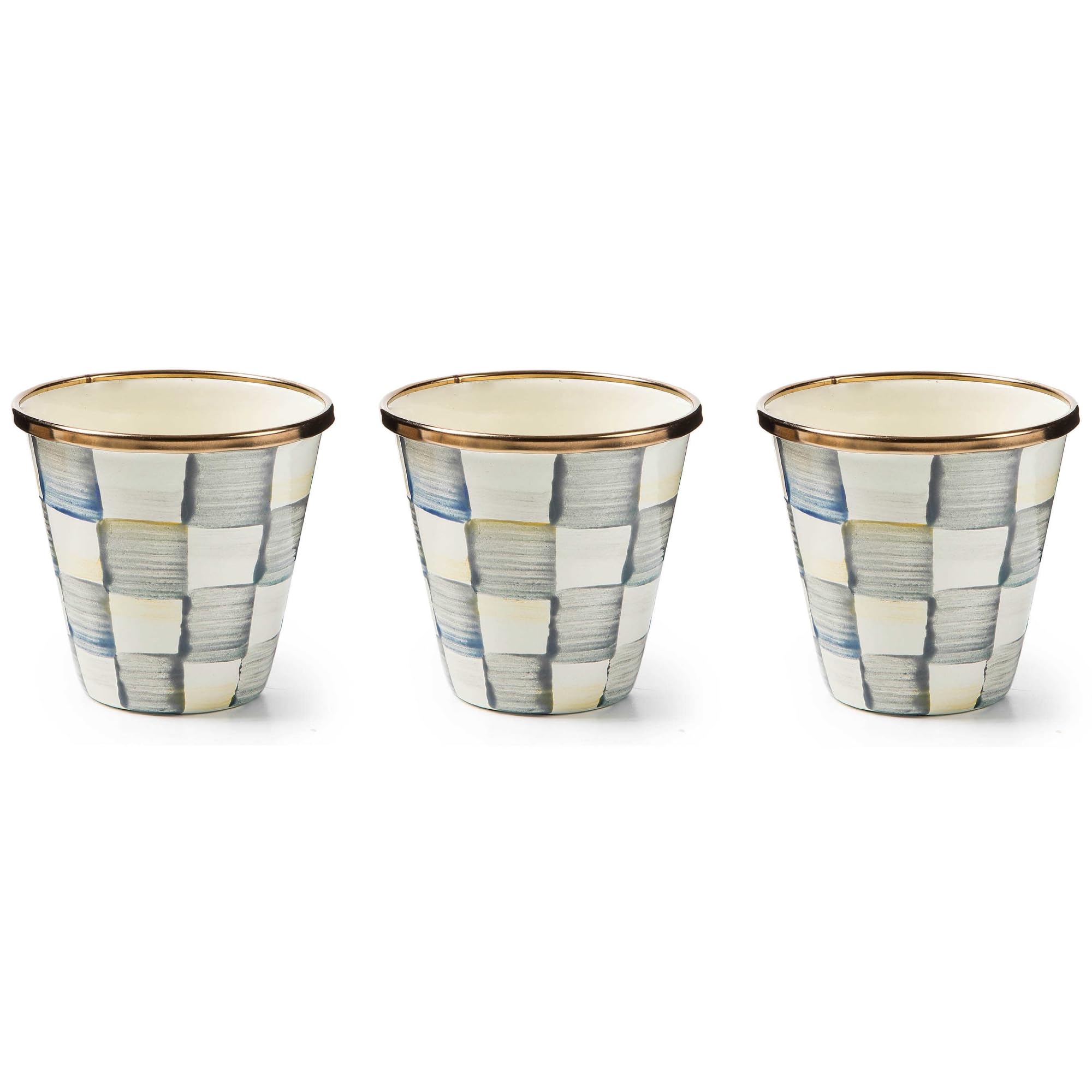 MACKENZIE-CHILDSEnamel Herb Pots, Small Plant Pots for Herbs or Flowers, Set of 3, Gray-and-White Sterling Check