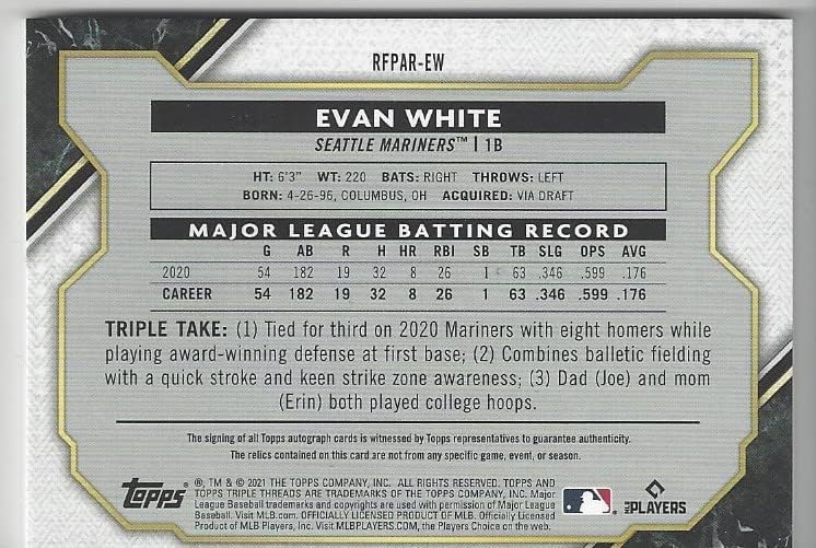 Evan White Serial Numbered #29/35 Gold Parallel Rookie & Future Phenoms Autograph Triple Relic Card Gold Parallel Game Used Single Jumbo Relic Patch Relic Memorabilia Jersey Collectible Baseball Card - 2021 Topps Triple Threads Collectible Baseball Card #RFPAR-EW (Mariners) Free Shipping