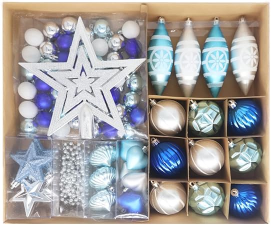 Amazon Hanakaze クリスマスデコレーション 63個入り 豪華 北欧風 ボールクリスマス ツリー 飾り 飾り付け おしゃれ ゴージャス 銀青色 ボール おもちゃ