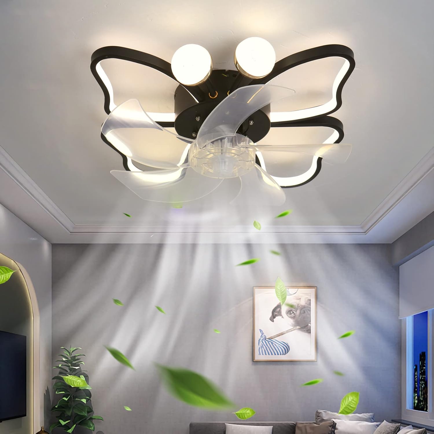 YUEGOO Ceiling Fans with Lamps,Remote Control Led Dimmable Flower Ceiling Fan with Lamp Dc Reversible 6 Speed Fan Light Winter/Summer Mode for Lounge Bedroom/Black/B