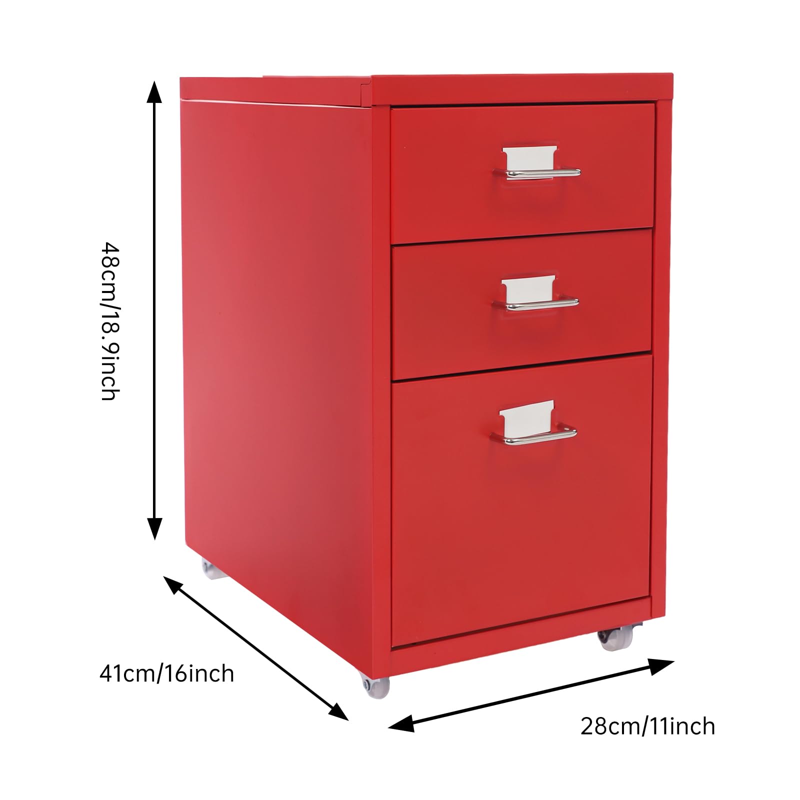 Aktenschrank mit 3 Schubladen Violetter Metall-Aufbewahrungsschrank 41x28x48 cm mit Rollen & Etikettenschlitz & U-förmigen Griffen Moderner mobiler Schrank für Zuhause & Büro (rot)