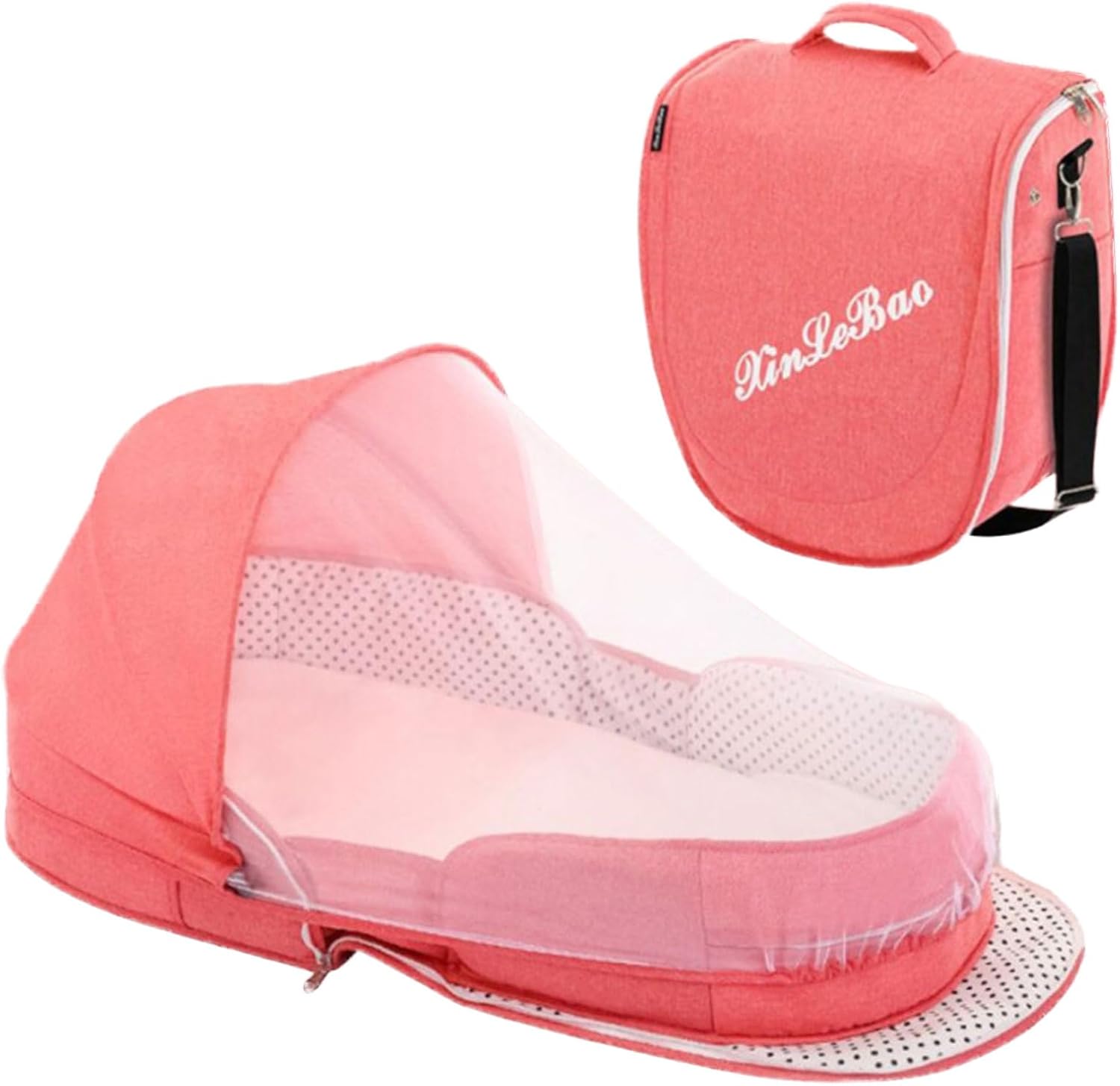 Folding Baby Travel Bassinet Portable Lightweight Travel Crib Baby Bed Co- Sleeper for Baby in Bed with Canopy and Mosquito Net (Pink, with Sunshade)