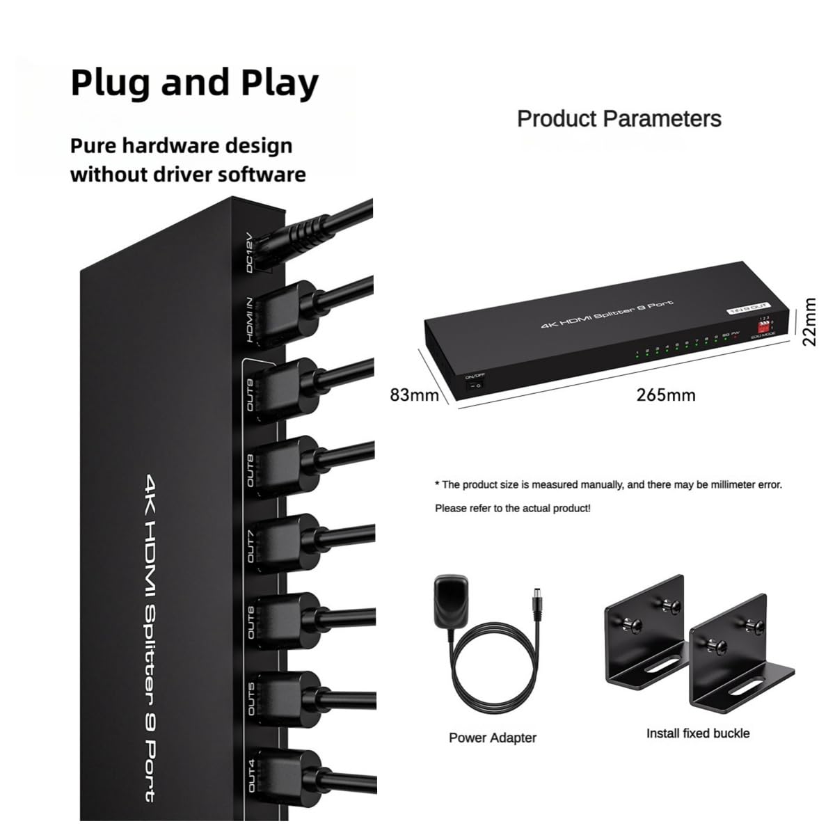 Splitter HDMI 4K 60HZ 1x 9, convertitore di splitter video 1 - in 9 - Out Display Multi - Condividi Supporta la funzione di gestione della risoluzione EDID 1 pc a Monitor multipli