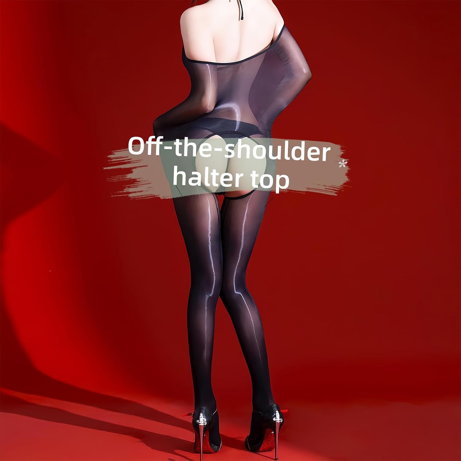 Women Oil Shiny Bodystockings 5D Sheer Bodysuit Full Body Stocking Sexy Neck-Hanging Lingerie Catsuit Nylon Tights