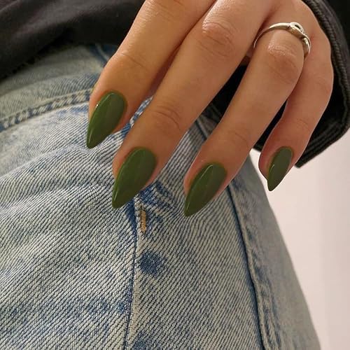 Olive Green Press on Nails Medium Stiletto Almond,KQueenest Glossy Acrylic