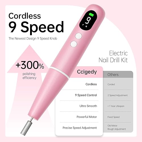 Miniatura 4 de Kit de taladro eléctrico profesional para uñas, lima de uñas eléctrica inalámbrica de 9 velocidades con pantalla LED, máquina de taladro de uñas