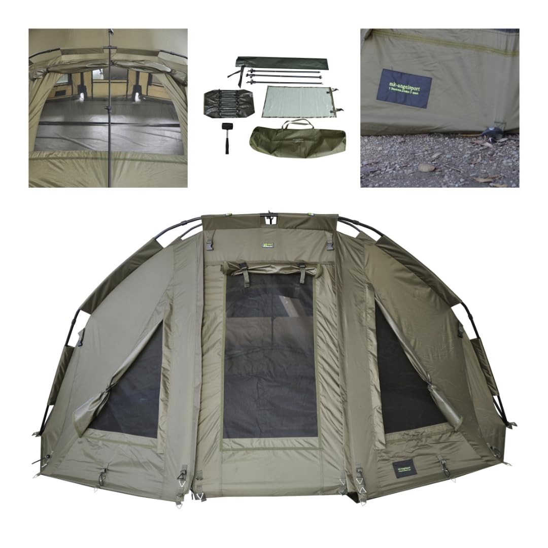 MK-Angelsport Karpfenzelt und 2 × 8-Bein-Karpfenliegen (Tragkraft 140kg) mit Gummihammer, Traumpaket, Set – 5 Seasons 2 Mann Dome (302 cm × 272 cm × 146 cm), Set, Outdoor, Camping