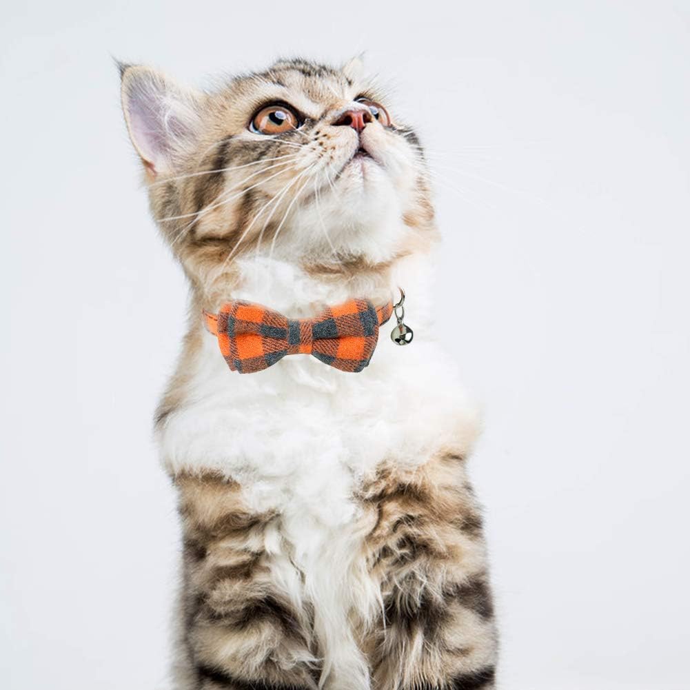Dynmeow Plaid Pattern Cat Collars Breakaway with Bell & Bowtie, Orange