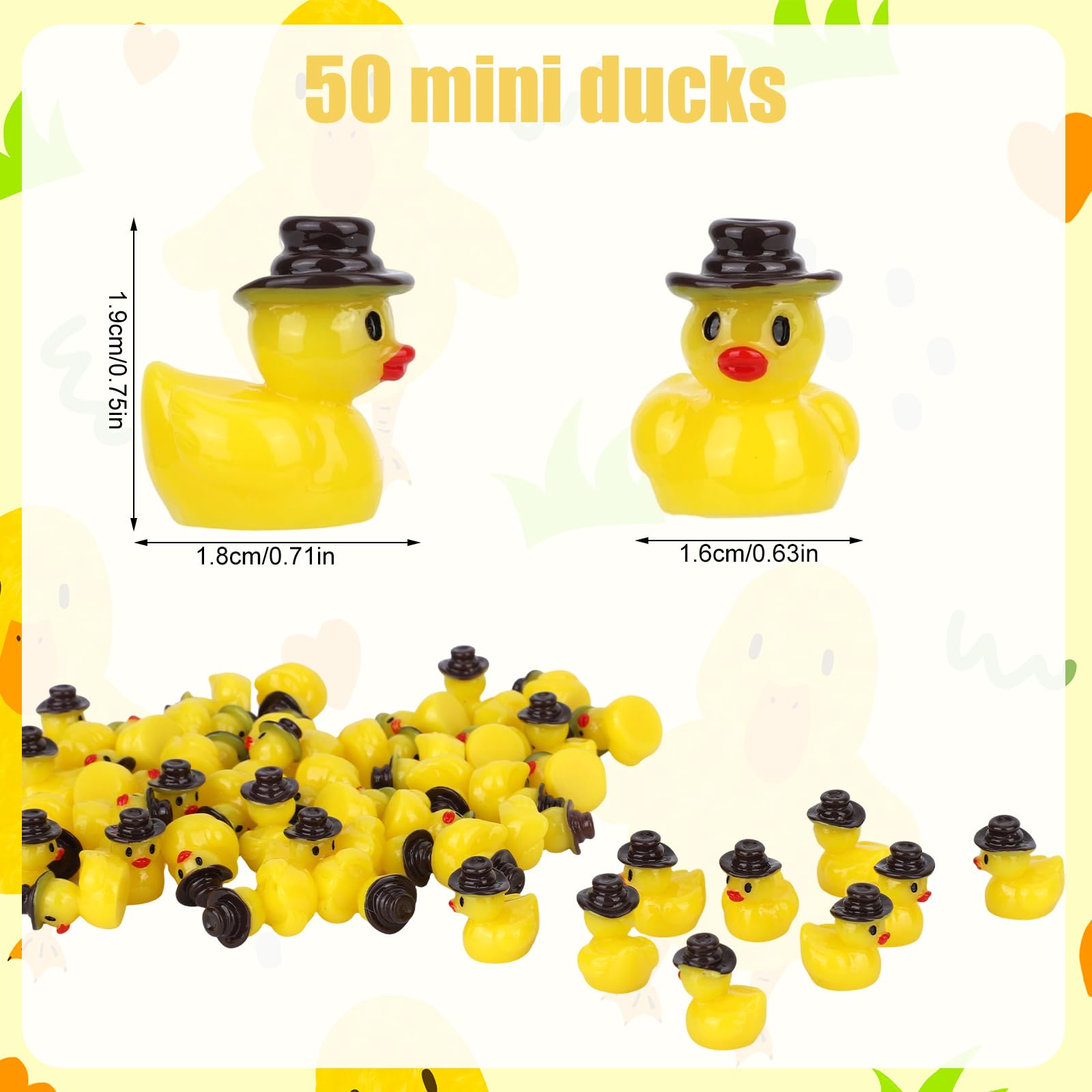 50szt Miniaturowych Złotych Kaczek Kowbojskich z Żywicy, Miniaturowe Małe Kaczuszki Stylu Zachodnim z Kowbojskimi Kapeluszami Małe Figurki do Ogrodu Domku Lalek Akwarium Dekoracji Imprezowych