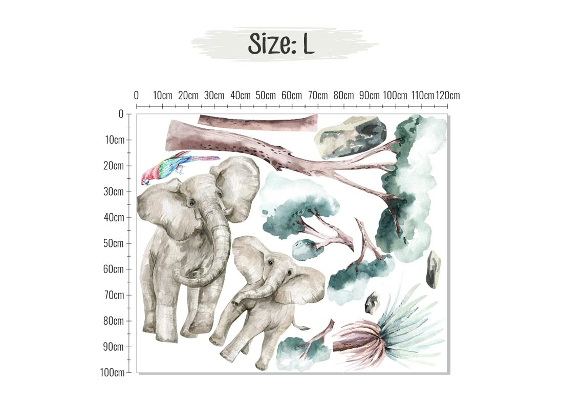 SAVANNA SPIRIT naklejki ścienne dla dzieci, safari, sawanna, żyrafa, gepard, małpa, tygrys, słoń, drzew, akwarela (Savanna Spirit L słonie)