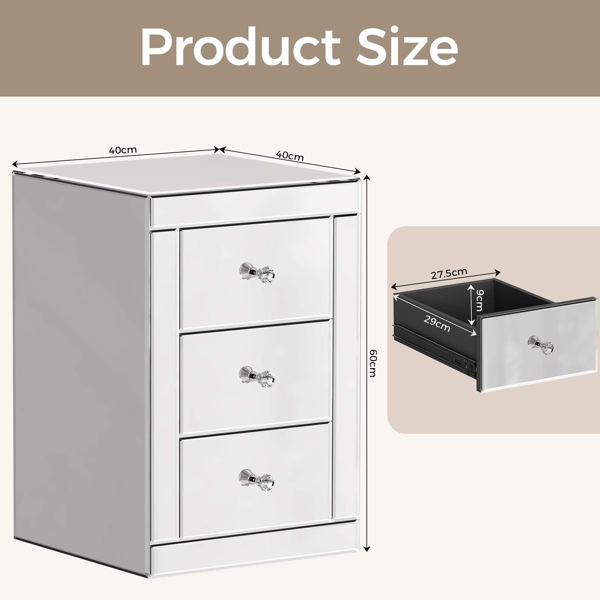 Comodino con Specchio in Vetro, Contenitore con 3 Cassetti per Camera da Letto, Soggiorno, Ufficio, 40 x 40 x 60 cm (1)