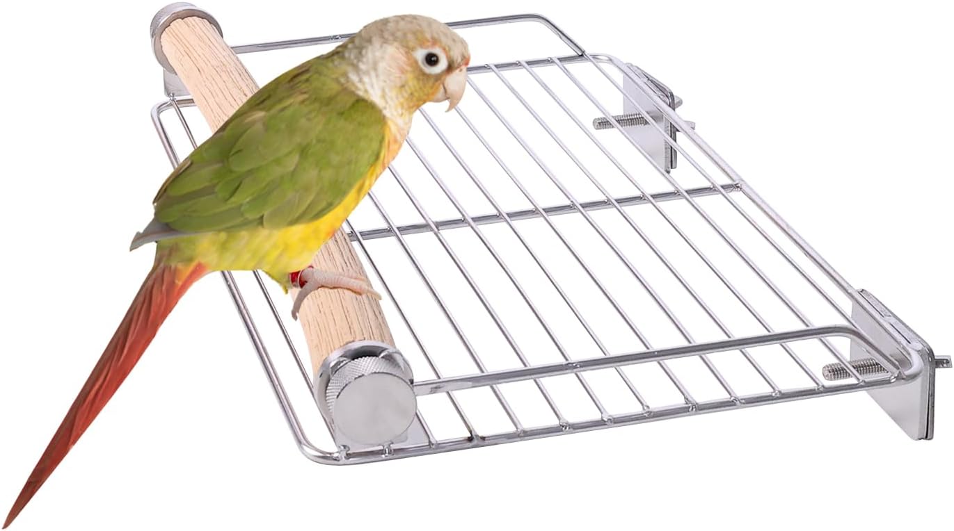 Stainless Steel Bird Perches for Cage, Open-Grid Easy Clean Parrot Perch Stand, Resting and Dining Stand for Small & Medium Birds (Solid Wood Station Stick Stainless Steel Platform, Large Size)