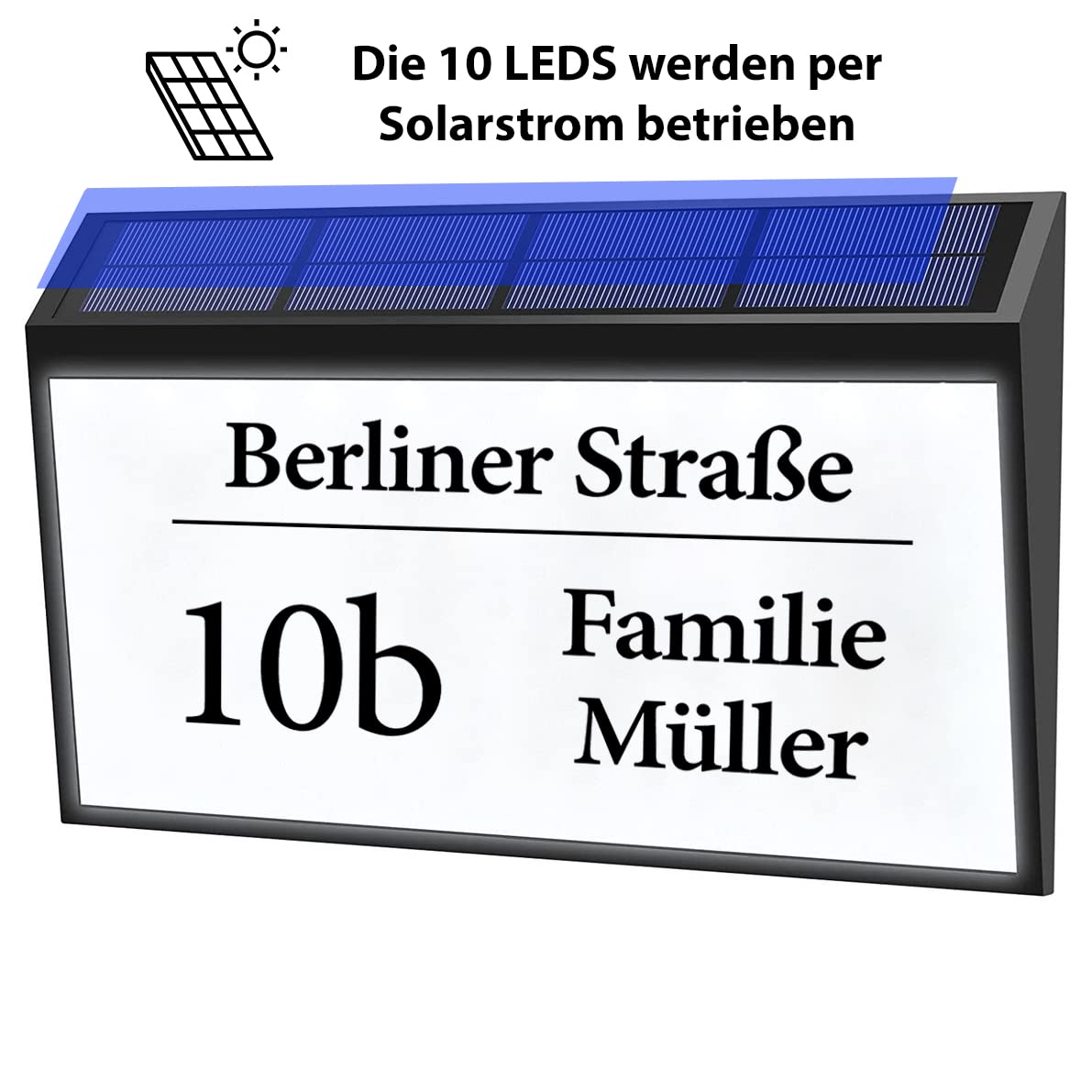 Bl4ckPrint Podświetlana solarna tabliczka z numerem domu z 10 diodami LED, możliwość personalizacji z numerem domu i nazwiskiem rodziny