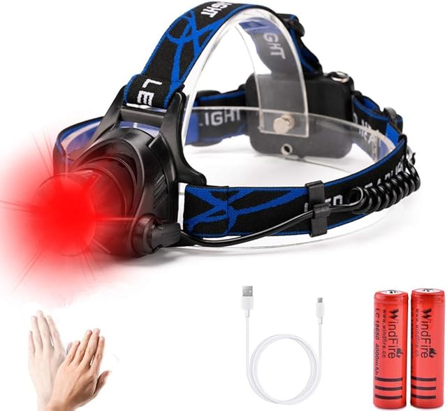 WindFire Head Torch LED Red Light Headlamp with 3 Lighting Modes, 2000 Lumen Super Bright Zoomable Rechargeable LED Headlight for Hunting, Aviation, Night Observation, Running, Batteries Included
