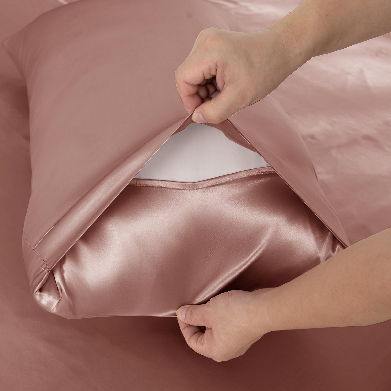 NSGZ Set di 3 lenzuola in raso con angoli e federe, per letto king size, con angoli profondi fino a 38 cm, color champagne, include 1 lenzuolo con angoli e 2 federe