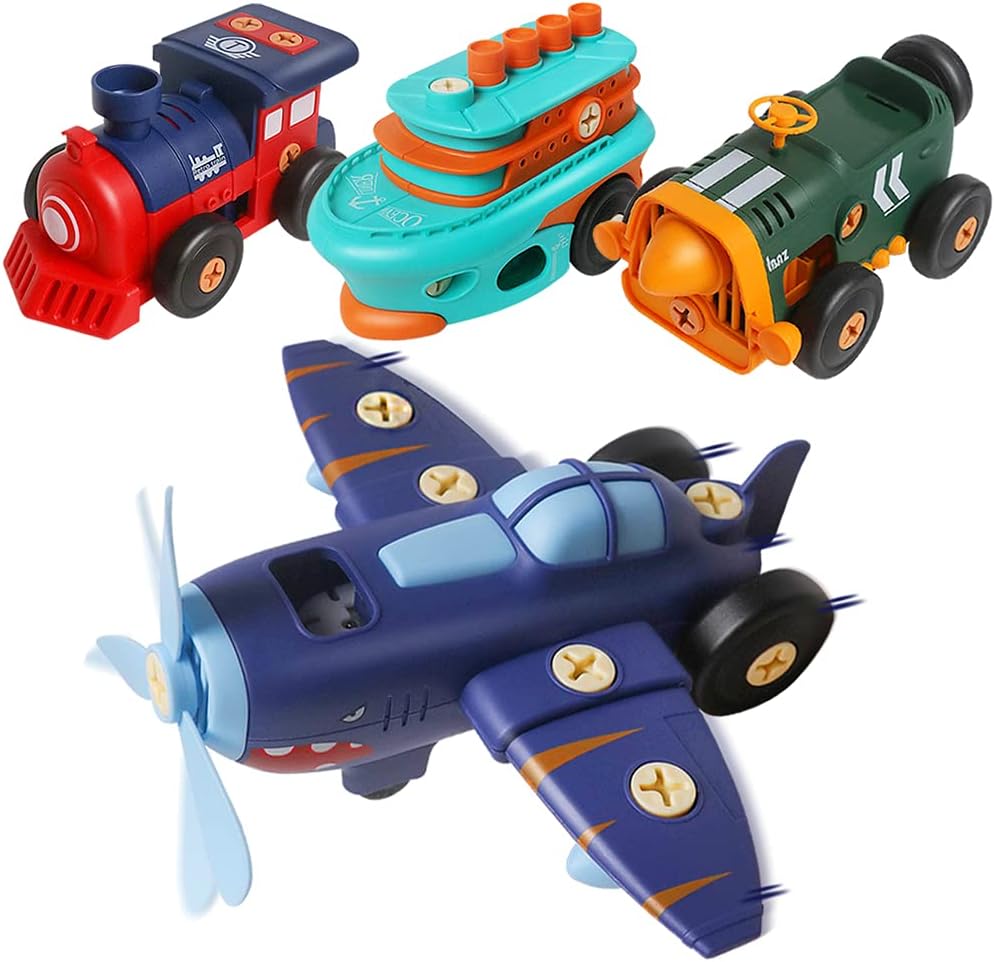 JOCHA Take Apart Airplane Train Car Ship Toys Set Gifts for 3 4 5 6 Years Old Boys Girls DIY Engineering Educational STEM Building Battery-Operated Assembly Construction Car with Screwdriver Playset