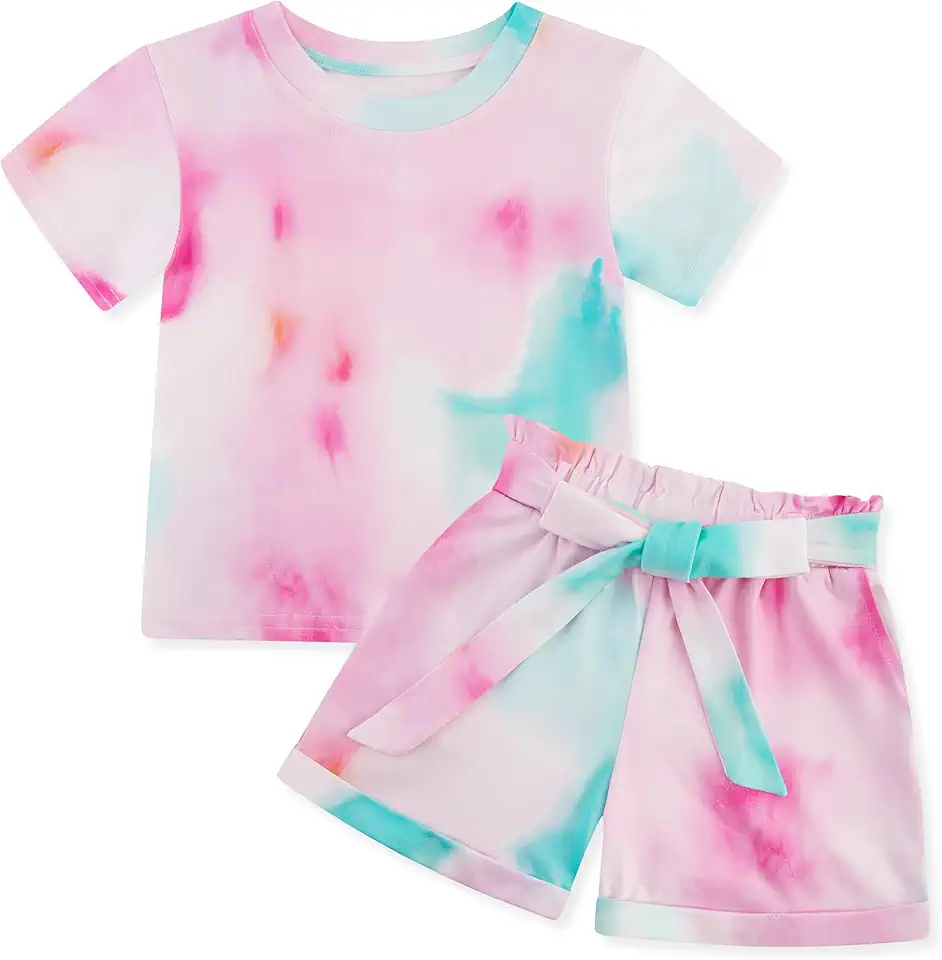 Nutyomi Girls Clothes Two Piece Tie Dye Summer Vacation Outfits Clothing Shirt and Shorts Matching Sets for Girls 4-13 Years