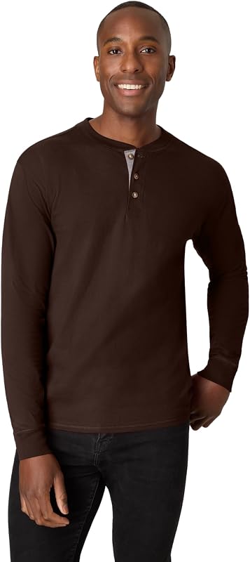 Hanes Camisetas para hombre, Camisas Beefyt Henley para hombre, Camisas de manga larga de algodón para hombre