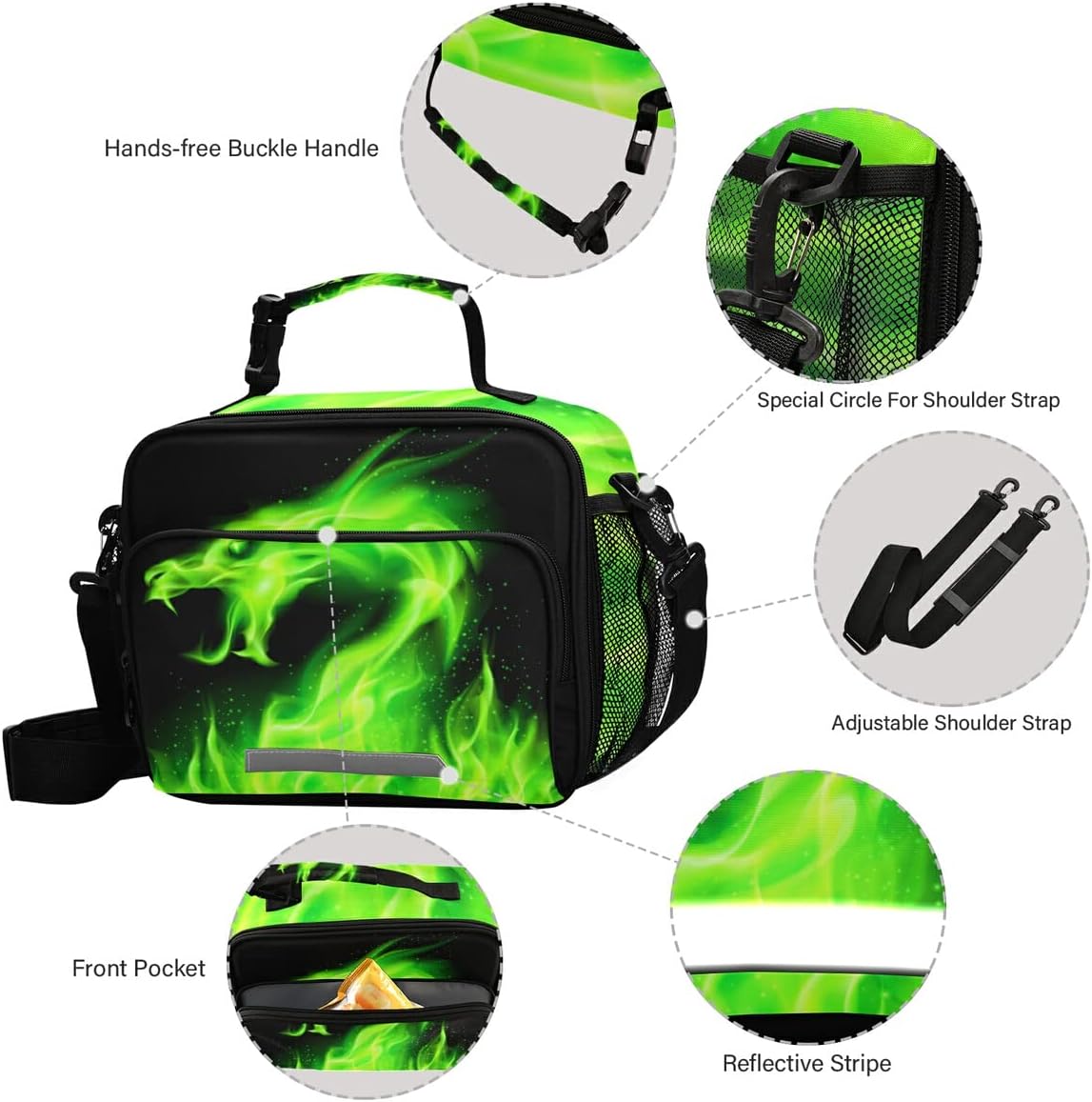Green Fire Dragon Lunch Bag with Adjustable Shoulder Strap Dinosaur Cartoon Animals Insulated Lunch Bags Box Cooler Thermal Reusable Lunch Tote bag for Women Men