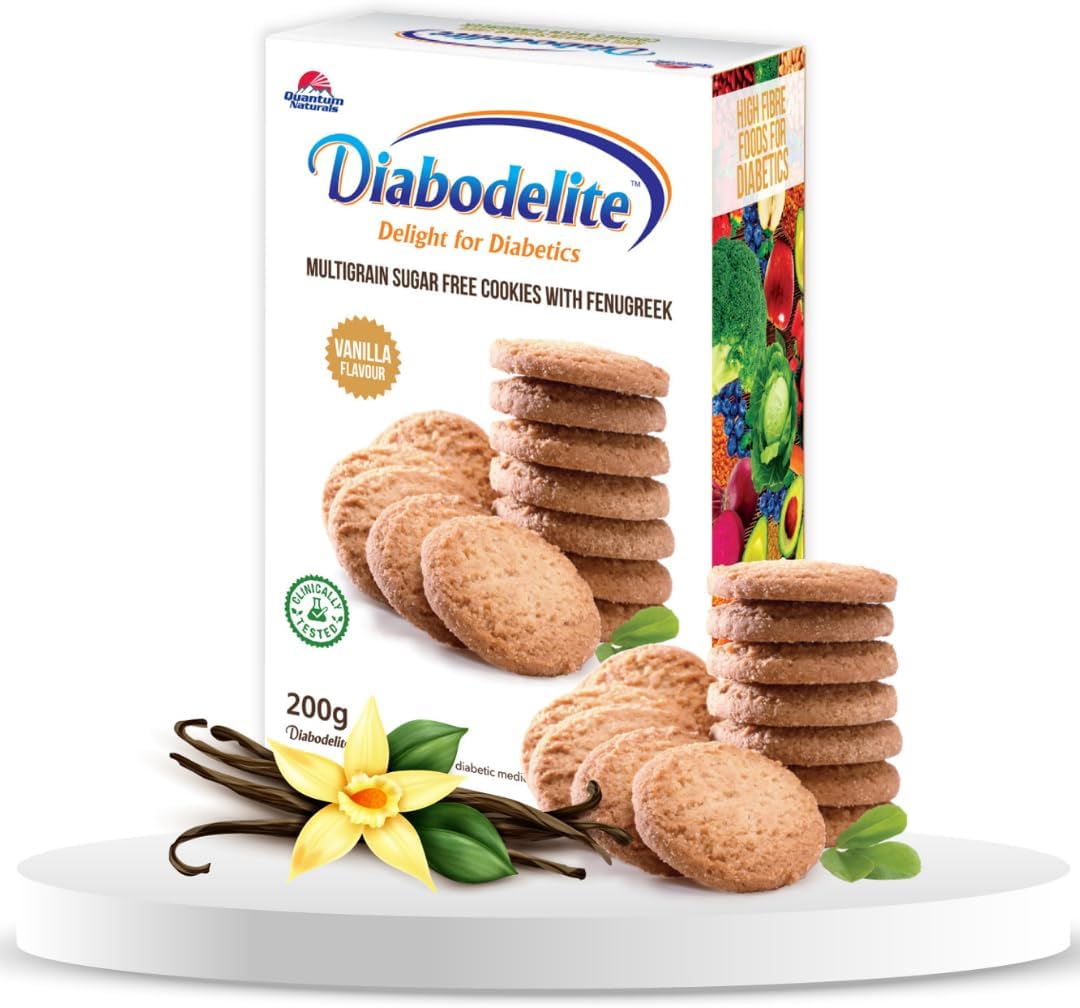 Diabodelite 200g Cookies Vanilla Flavour| Delight For Diabetics Multigrain sugar-free Digestive cookies with fenugreek | for Maintaining Optimum Balancing Blood Sugar | Low GI, Rich in Fibre |Pack of 1