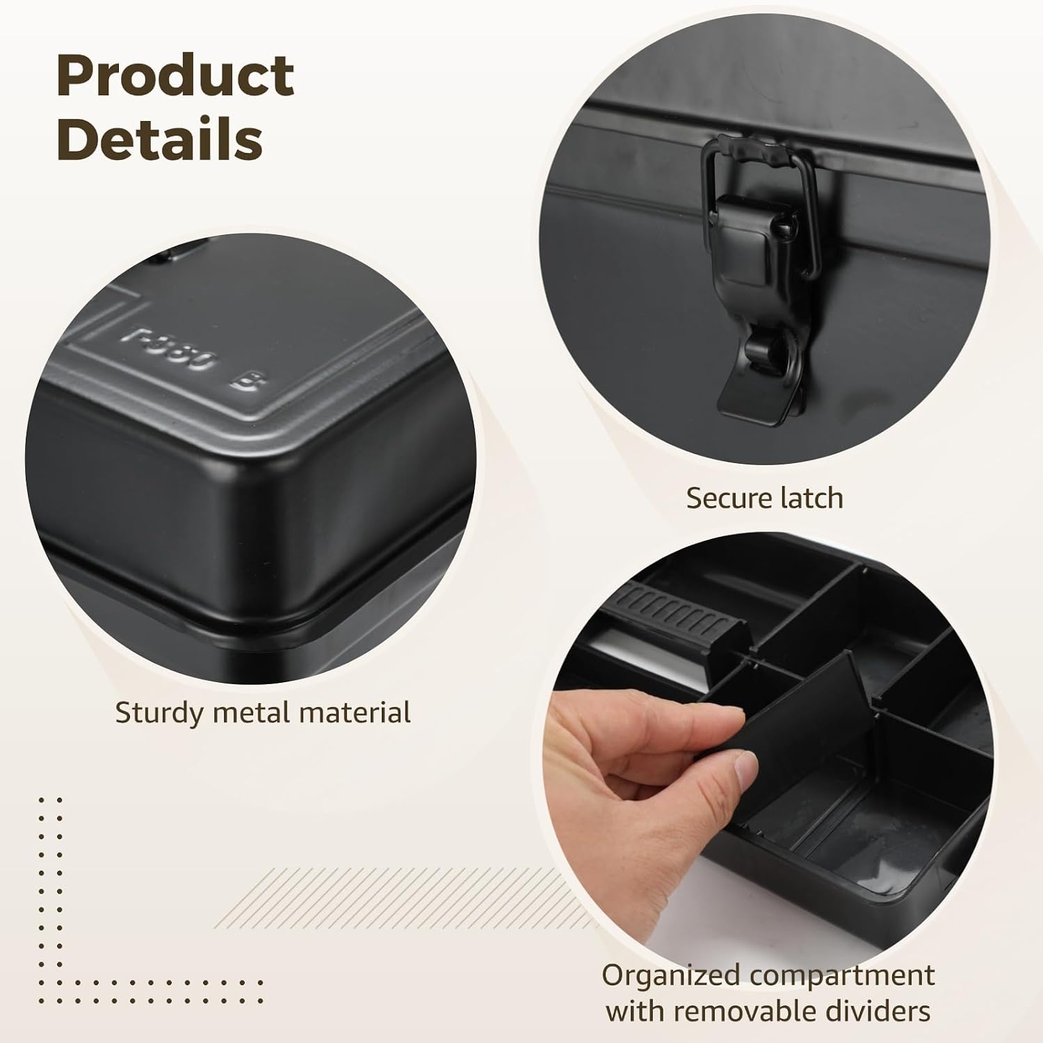 Portable Black Metal Tool Box with Removable Plastic Dividers, 14.2 x 6.8 x 6.5 in Storage Container with Lockable Latch for Craft Supplies, Garage Organization, Home Projects