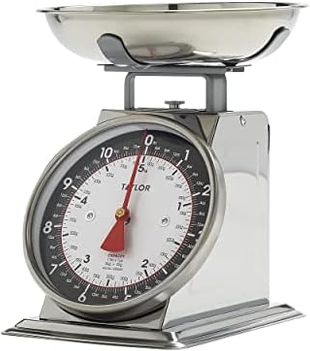 Báscula mecánica de cocina Taylor con tazón, pesa hasta 11 libras, mide en gramos y onzas, báscula de cocina analógica para hornear, negro y plateado