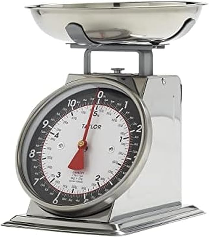 Báscula mecánica de cocina Taylor con tazón, pesa hasta 11 libras, mide en gramos y onzas, báscula de cocina analógica para hornear, negro y plateado