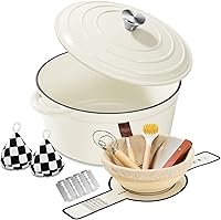 Blingco 6.5 QT Enameled Cast Iron Dutch Oven with Sourdough Baking Kit - Banneton Basket, Lid, Cream White for Bread, Stews, Roasting